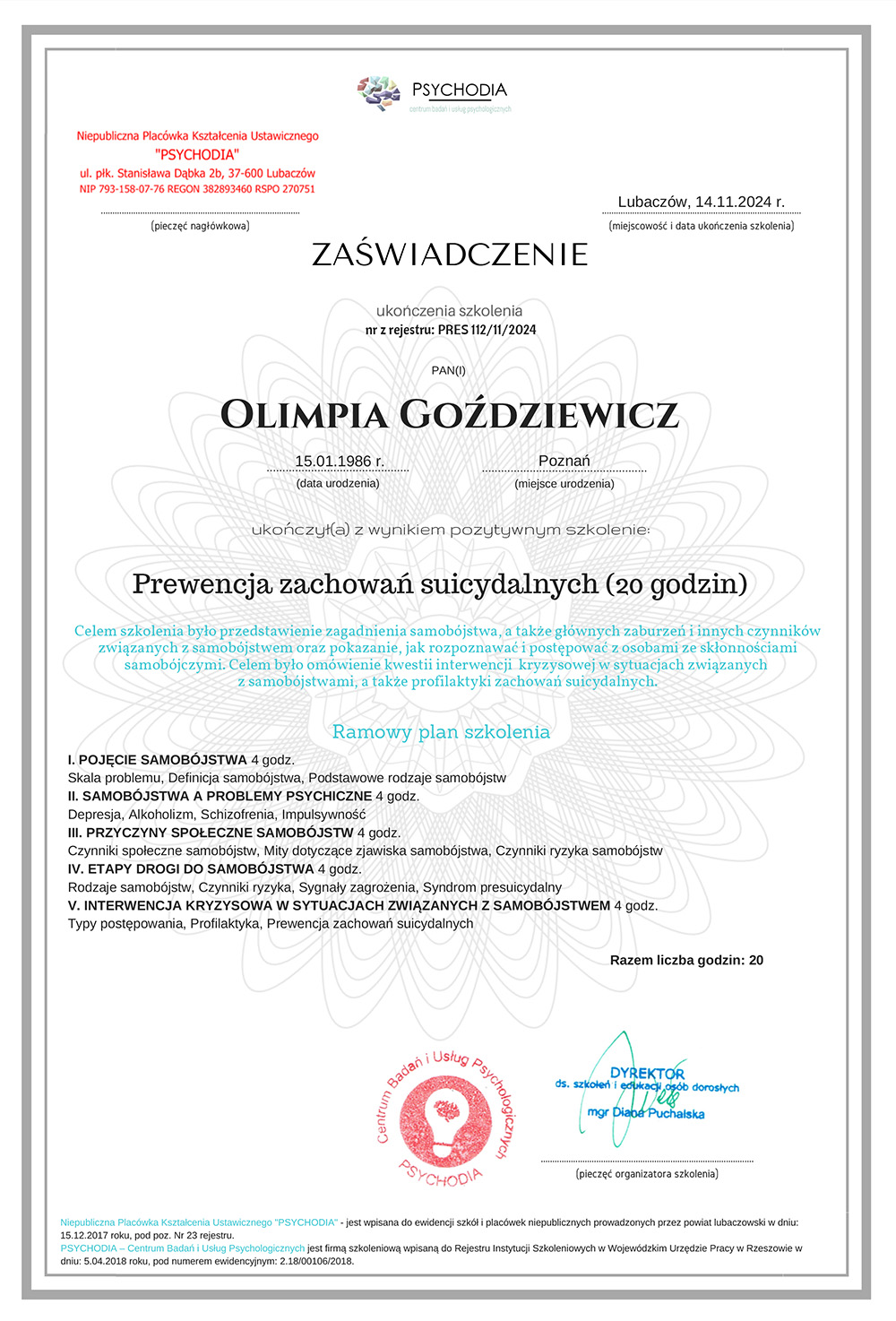 PRES on-line Olimpia Goździewicz dyplom prewencja samobójstw
