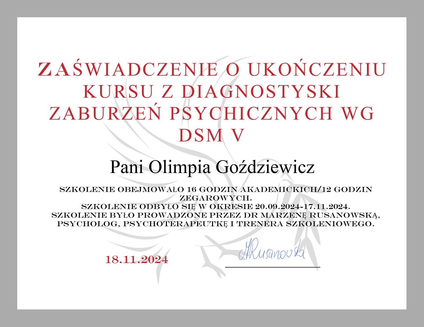 zaświadczenie kurs diagnozy m dyplom diagnoza chorób i zaburzeń psychicznych DSM V